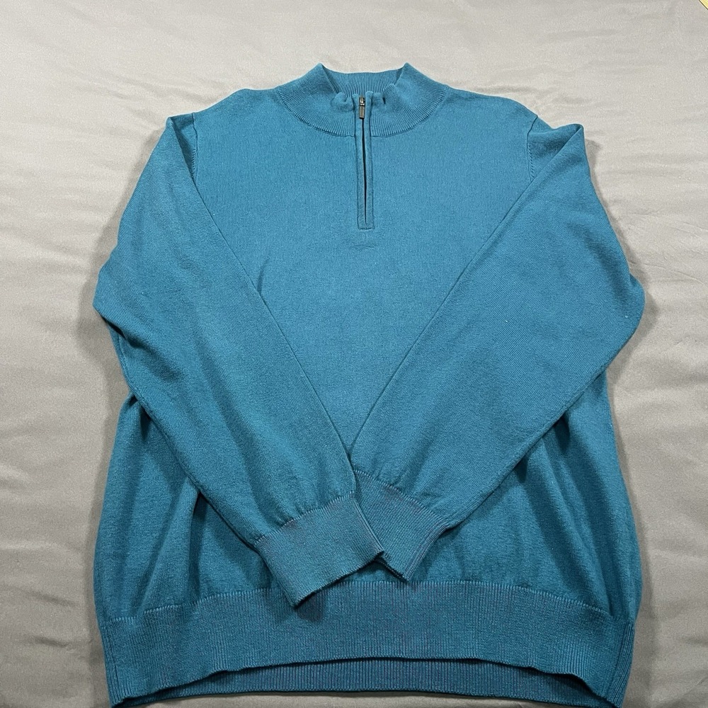 L.L. Bean Mens Quarter Zip Sweater Blue Cotton Cashmere Blend Medium Regular